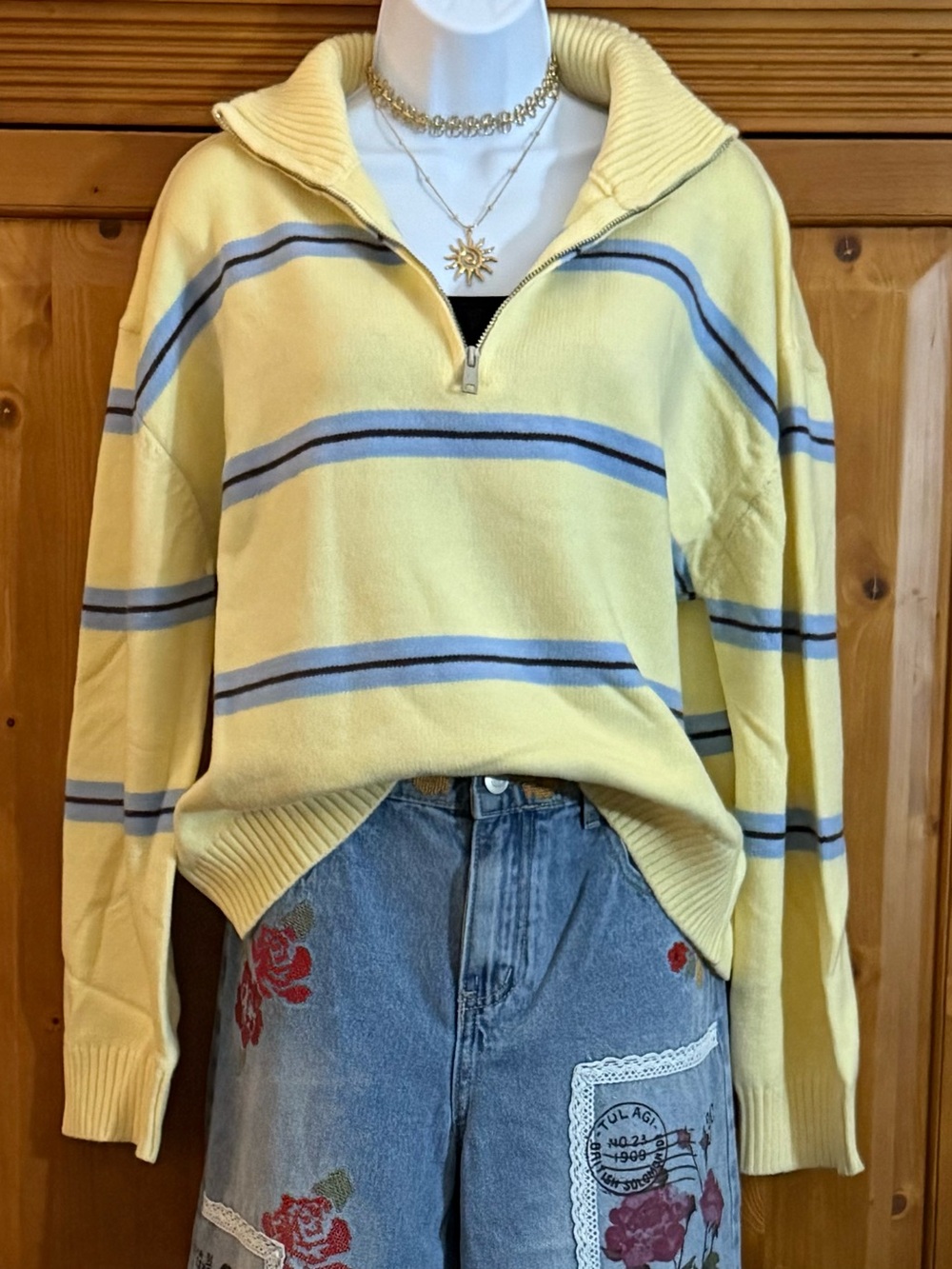 Women's Striped Half-Zip Pullover Sweater in Pale Yellow NWT